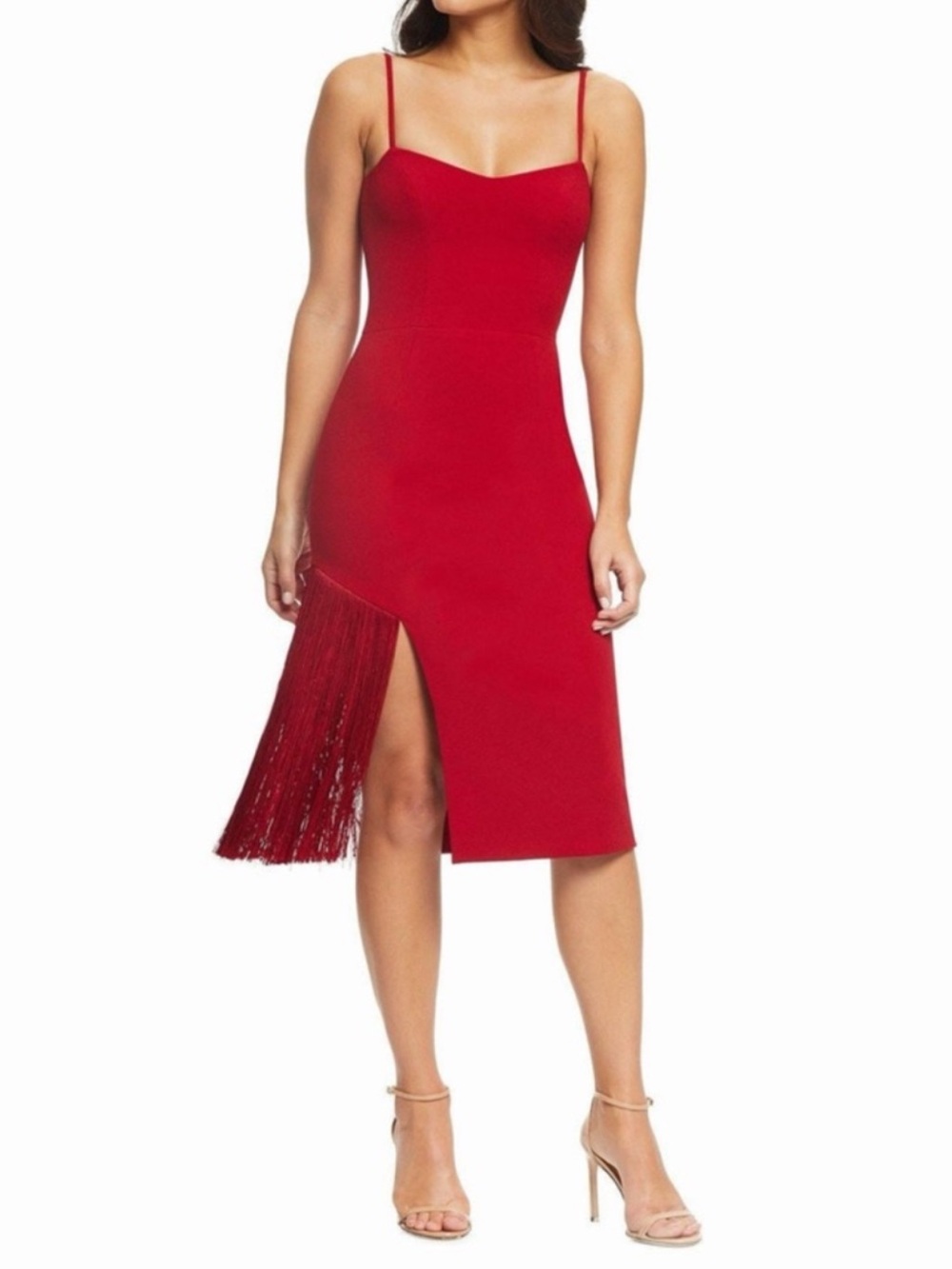 Dress the Population Women’s Rory Fringe Bodycon Midi Dress Garnet Red Sz Small
